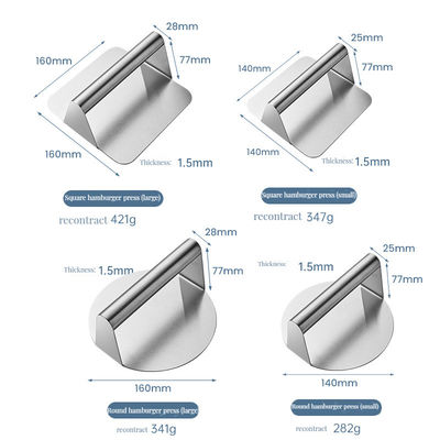 사각형 디자인 스티크 없는 스테인레스 스틸 버거 프레스 간편한 굽기 천 도구/프론