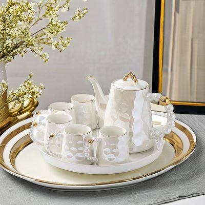 스타일리시한 분홍 진주 세라믹 커피 머그 세트 접시와 대나무 차컵 1300ml 용량