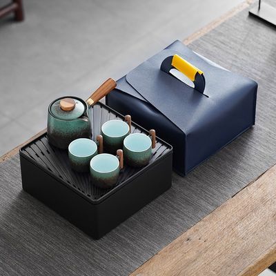 목재 손잡이와 휴대가 가능한 측면 손잡이 냄비와 함께 세라믹 콩푸 차 세트