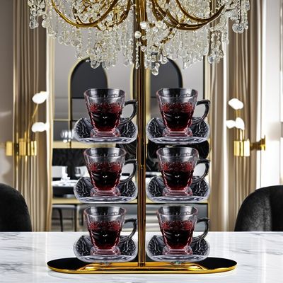 클래식 디자인 커피 차 세트 투명한 유리 컵 접시 세트 패턴 손잡이