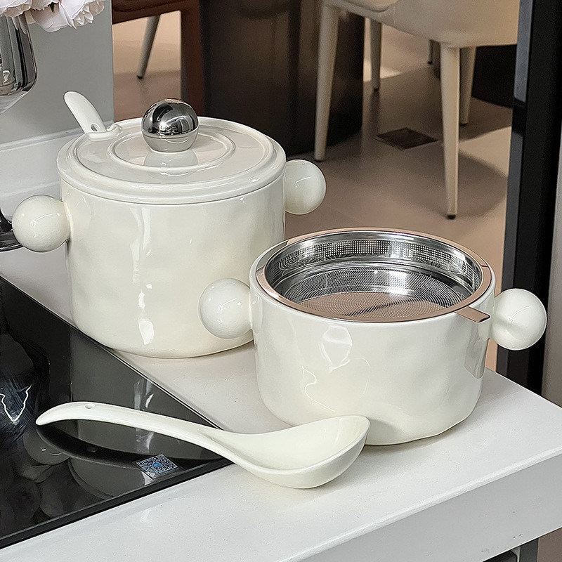 스타일리시한 1000ml 세라믹 누들 컵, 이중 손잡이와 스테인레스 스틸 뚜?? 이상적