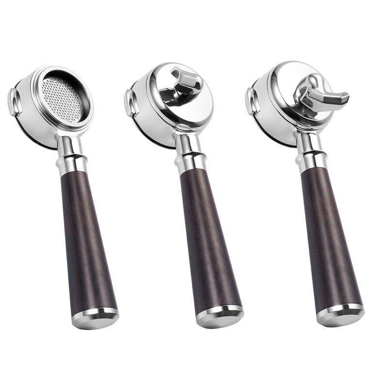 커피 포트 필터 재사용 단일 더블 스파우트 2 컵 바닥 없는 바구니 나무 손잡이 E61 부엌