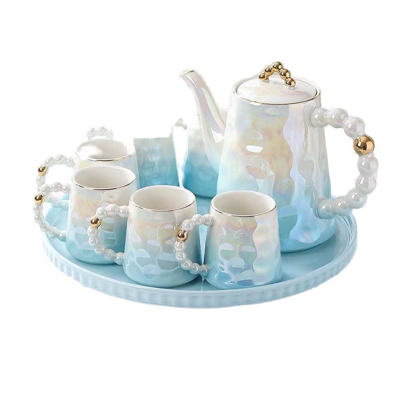 독특한 껍질 모양의 분홍 진주 디자인 세라믹 커피 머그와 차 팬